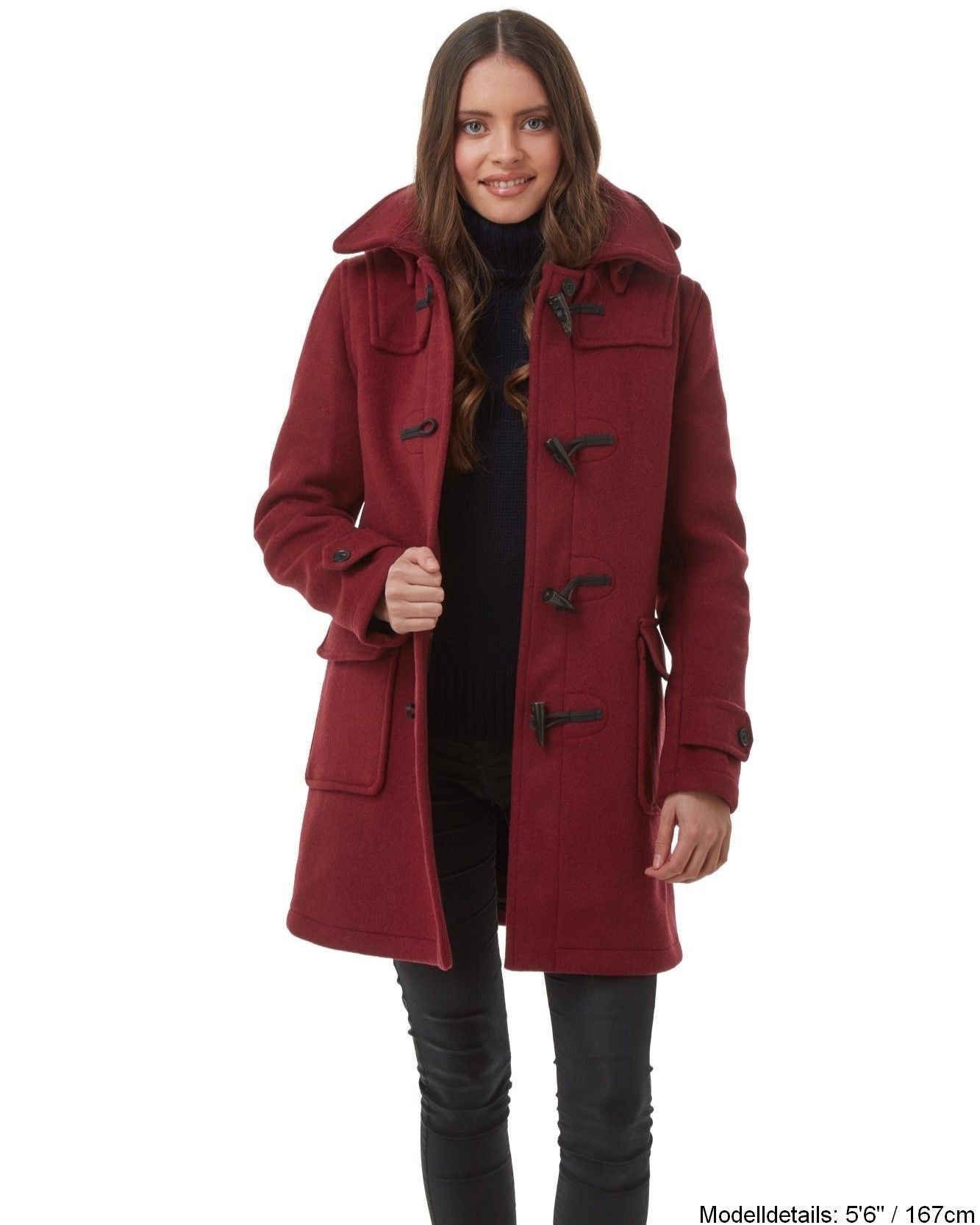 London Custom Fit Convertible Dufflecoat für Damen mit originaler abnehmbarer Kapuze und Hornknebeln – Burgunderrot