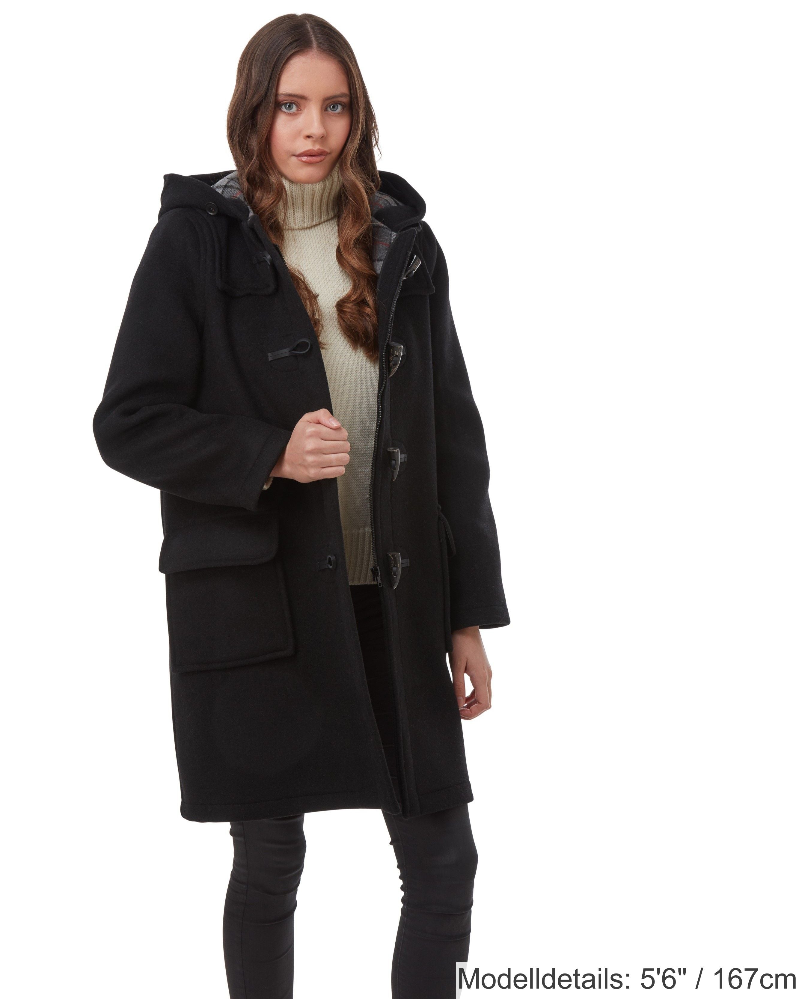 Damen-Dufflecoat in klassischer Passform mit Hornknebeln – Schwarz