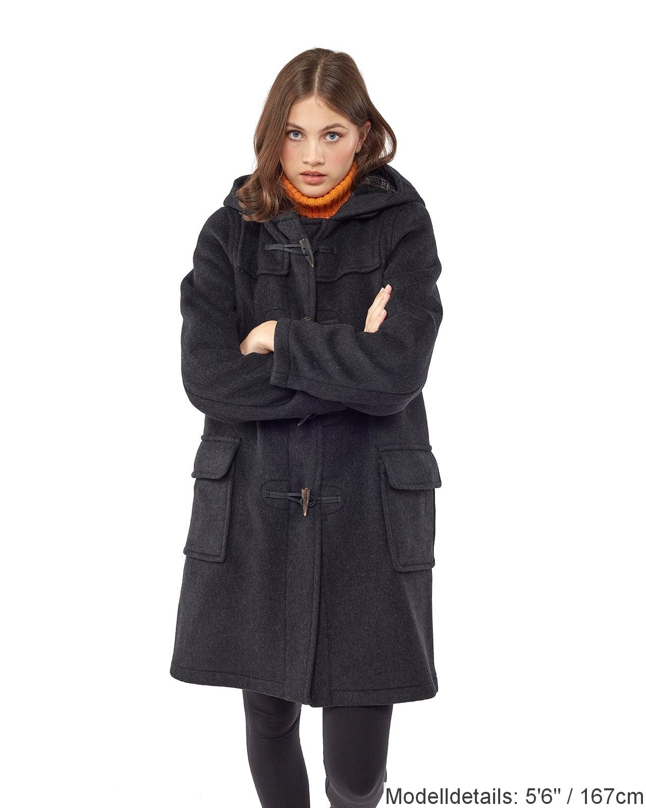 Damen-Dufflecoat in klassischer Passform mit Hornknebeln – Anthrazit