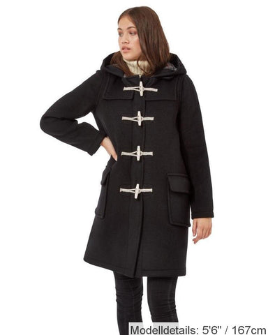 Originaler und authentischer Dufflecoat mit klassischer Passform für Damen mit Holzknöpfen - Schwarz