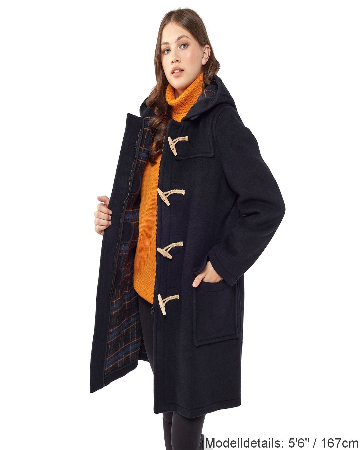 Originaler und authentischer Dufflecoat mit klassischer Passform für Damen mit Holzknebeln – Marineblau