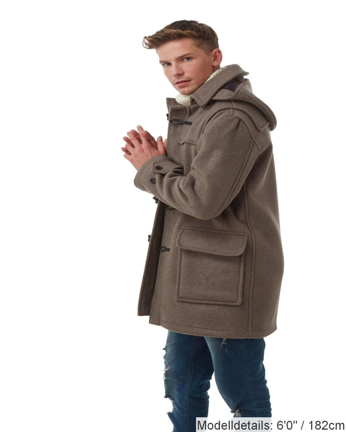 London Custom Fit Convertible Dufflecoat für Herren, mit original abnehmbarer Kapuze und Hornknebeln – Pilz