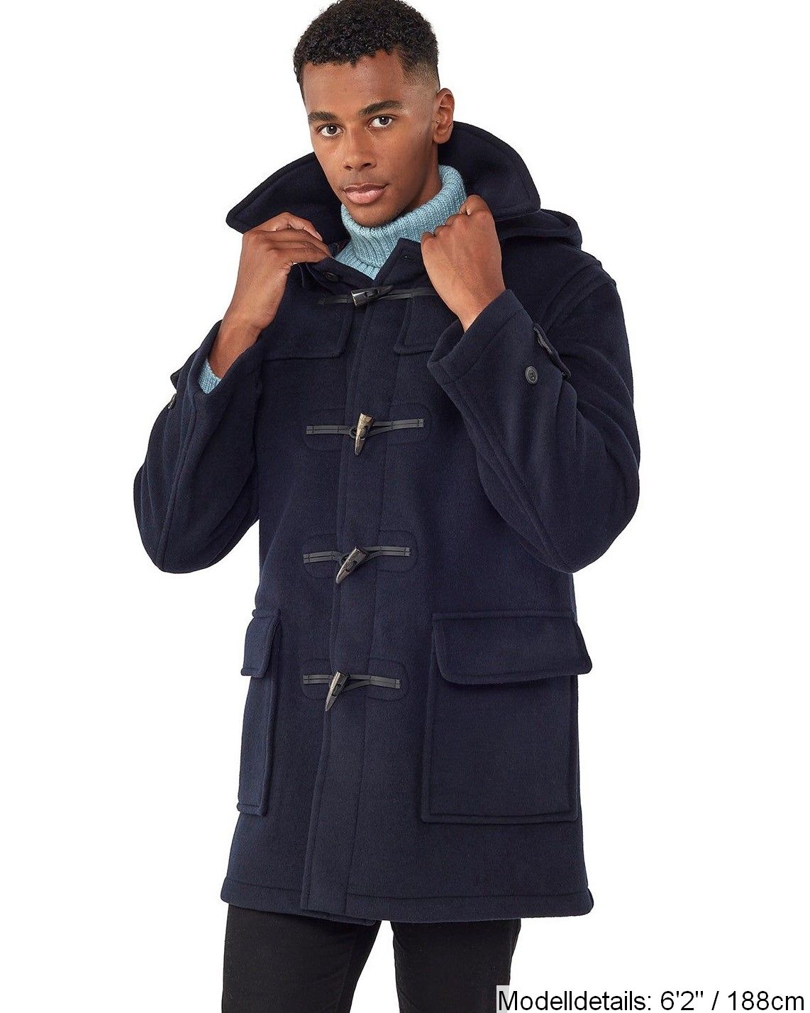 London Custom Fit Convertible Dufflecoat für Herren, mit originaler abnehmbarer Kapuze und Hornknebeln – Marineblau