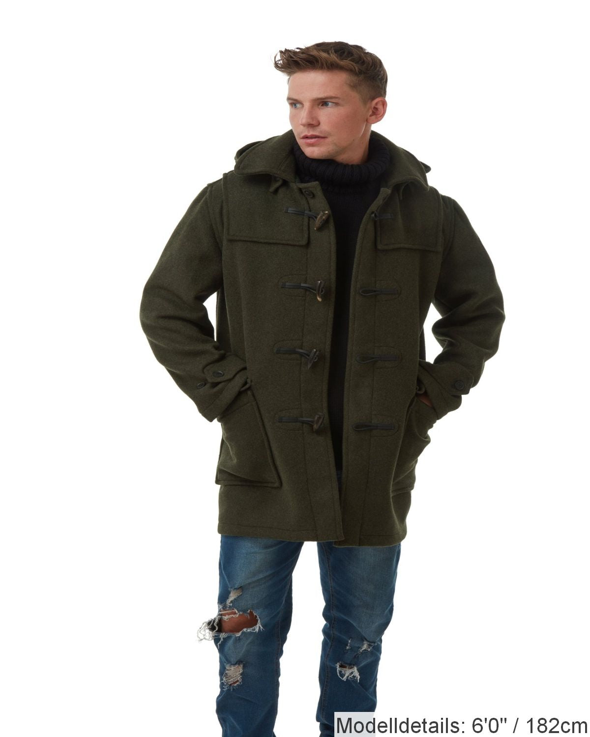 London Custom Fit Convertible Dufflecoat für Herren, mit original abnehmbarer Kapuze und Hornknebeln – Oliv