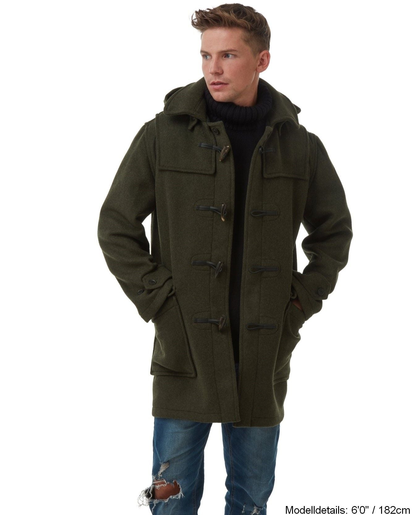 London Custom Fit Convertible Dufflecoat für Herren, mit original abnehmbarer Kapuze und Hornknebeln – Oliv