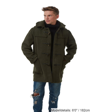 London Custom Fit Convertible Dufflecoat für Herren, mit original abnehmbarer Kapuze und Hornknebeln – Oliv