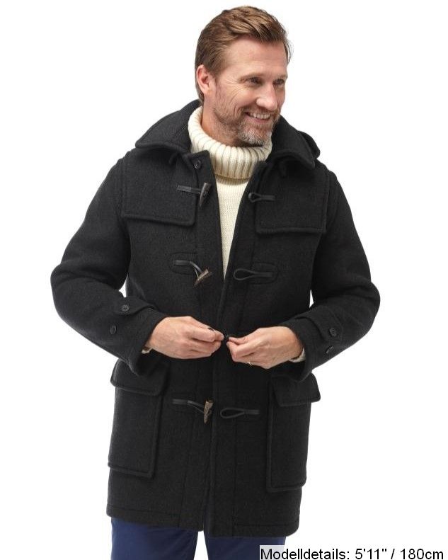 London Custom Fit Convertible Dufflecoat für Herren, mit originaler abnehmbarer Kapuze und Hornknebeln – Schwarz