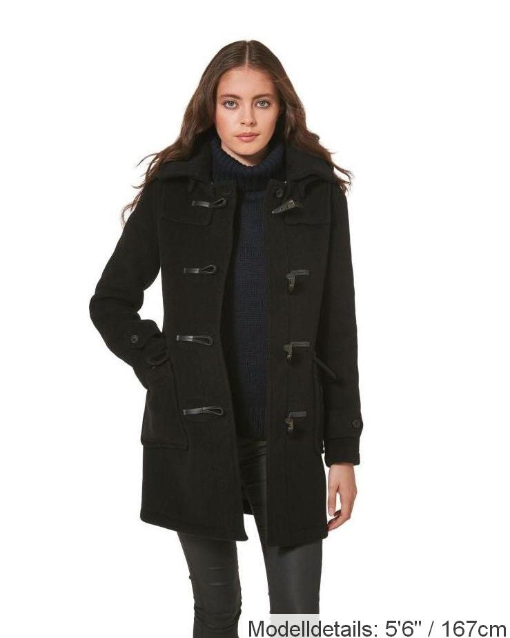 London Custom Fit Convertible Dufflecoat für Damen mit originaler abnehmbarer Kapuze und Hornknebeln – Schwarz