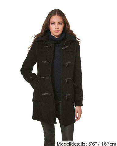 London Custom Fit Convertible Dufflecoat für Damen mit originaler abnehmbarer Kapuze und Hornknebeln – Schwarz