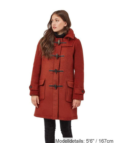 London Custom Fit Convertible Dufflecoat für Damen mit original abnehmbarer Kapuze und Hornknebeln – Burnt Orange