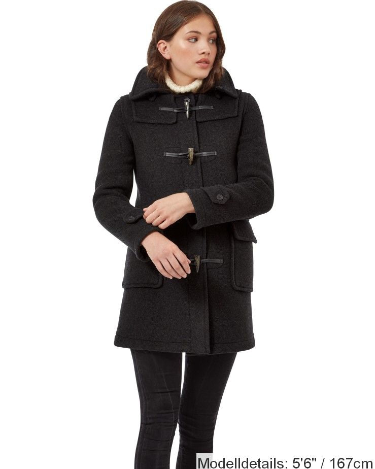 London Custom Fit Convertible Dufflecoat für Damen mit originaler abnehmbarer Kapuze und Hornknebeln – Anthrazit